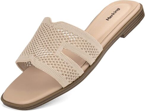 Merking Women's Knit Mesh Slip On Slide Sandals Fashion Open Square Toe Shoes Comfort Casual Slippers Walking in Kuwait