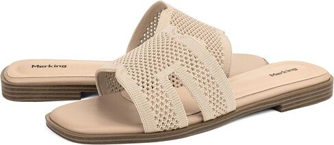 Merking Women's Knit Mesh Slip On Slide Sandals Fashion Open Square Toe Shoes Comfort Casual Slippers Walking in Kuwait