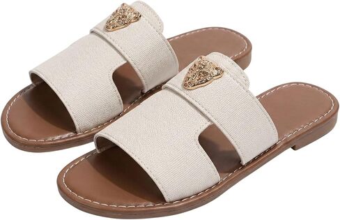 Womens Sandals Leather H Strap Gold Jaguar Head Embellishment Luxury Chic Elegant Beach Vacation Party Outdoor Casual Summer Spring Flat Slip On Open Toe in Saudi Arabia