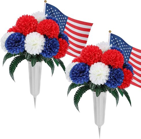 Acostop Memorial Day Cemetery Flowers for Grave - 2 Pack Weatherproof Red White Blue Bouquet with American Flags & Vases, Outdoor Grave Decorations for Veterans Cemetery Headstones in Saudi Arabia