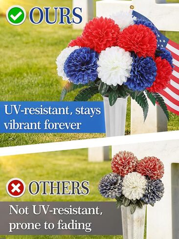 Acostop Memorial Day Cemetery Flowers for Grave - 2 Pack Weatherproof Red White Blue Bouquet with American Flags & Vases, Outdoor Grave Decorations for Veterans Cemetery Headstones in Saudi Arabia