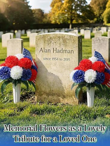 Acostop Memorial Day Cemetery Flowers for Grave - 2 Pack Weatherproof Red White Blue Bouquet with American Flags & Vases, Outdoor Grave Decorations for Veterans Cemetery Headstones in Saudi Arabia
