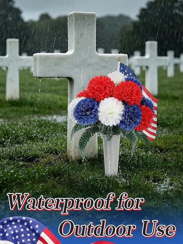 Acostop Memorial Day Cemetery Flowers for Grave - 2 Pack Weatherproof Red White Blue Bouquet with American Flags & Vases, Outdoor Grave Decorations for Veterans Cemetery Headstones in Saudi Arabia