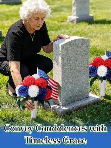 Acostop Memorial Day Cemetery Flowers for Grave - 2 Pack Weatherproof Red White Blue Bouquet with American Flags & Vases, Outdoor Grave Decorations for Veterans Cemetery Headstones in Saudi Arabia