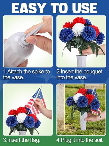Acostop Memorial Day Cemetery Flowers for Grave - 2 Pack Weatherproof Red White Blue Bouquet with American Flags & Vases, Outdoor Grave Decorations for Veterans Cemetery Headstones in Saudi Arabia