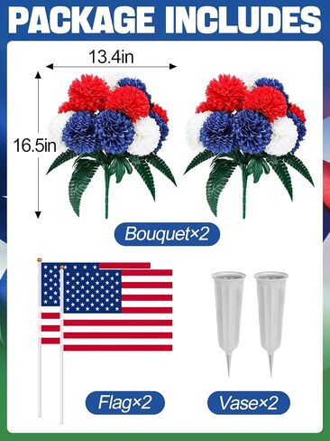 Acostop Memorial Day Cemetery Flowers for Grave - 2 Pack Weatherproof Red White Blue Bouquet with American Flags & Vases, Outdoor Grave Decorations for Veterans Cemetery Headstones in Saudi Arabia