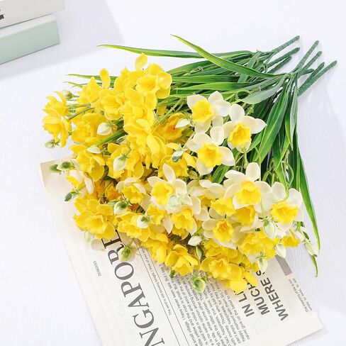 12 Pack Artificial Daffodils Fake Silk Narcissus Flowers UV Resistant Indoor Outdoor Home Decor Realistic Yellow White Bouquet for Wedding Centerpiece in Saudi Arabia