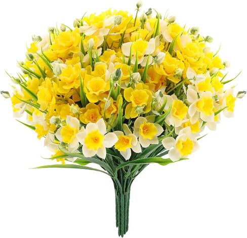 12 Pack Artificial Daffodils Fake Silk Narcissus Flowers UV Resistant Indoor Outdoor Home Decor Realistic Yellow White Bouquet for Wedding Centerpiece in Saudi Arabia