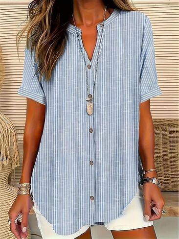Plus Size New Women's Fashion Print Button Decor Blouse Short Sleeved Shirt Simple Casual Loose Shirt Top in Kuwait