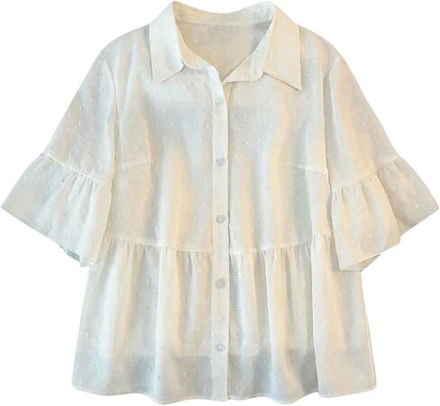 SweatyRocks المرأة حجم كبير بلوزة بيبي دول النقاط السويسرية كشكش قصيرة الأكمام زر أسفل قميص Peplum القمم in Kuwait