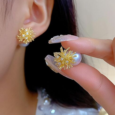 Pearl Double Sided Earrings for Women Vintage Front Back Earring Stud Hypoallergenic Gold Plated Firework Ball Jacket Earrings Jewelry Gifts in Saudi Arabia