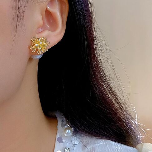 Pearl Double Sided Earrings for Women Vintage Front Back Earring Stud Hypoallergenic Gold Plated Firework Ball Jacket Earrings Jewelry Gifts in Saudi Arabia