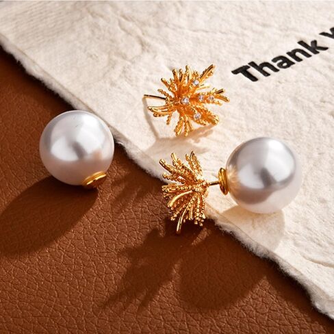 Pearl Double Sided Earrings for Women Vintage Front Back Earring Stud Hypoallergenic Gold Plated Firework Ball Jacket Earrings Jewelry Gifts in Saudi Arabia