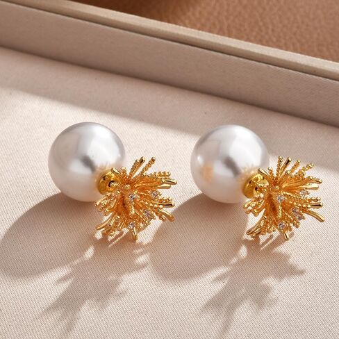 Pearl Double Sided Earrings for Women Vintage Front Back Earring Stud Hypoallergenic Gold Plated Firework Ball Jacket Earrings Jewelry Gifts in Saudi Arabia