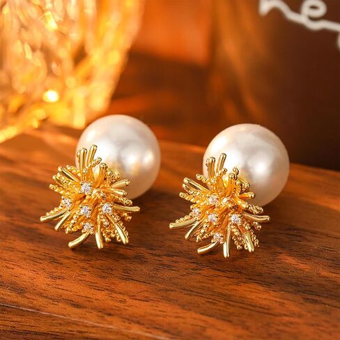 Pearl Double Sided Earrings for Women Vintage Front Back Earring Stud Hypoallergenic Gold Plated Firework Ball Jacket Earrings Jewelry Gifts in Saudi Arabia