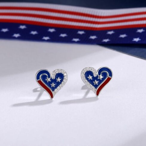 American Flag Earrings for Women 925 Sterling Silver Patriotic 4th of July Stud Earrings Red White And Blue Heart Star Earrings Independence Day Gifts for Women in Saudi Arabia