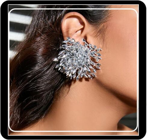 Crystal Statement Earrings, Silver, Marquise Cut Rhinestone Cluster, Starburst Design, Oversized Stud in Saudi Arabia