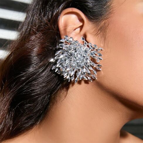 Crystal Statement Earrings, Silver, Marquise Cut Rhinestone Cluster, Starburst Design, Oversized Stud in Saudi Arabia