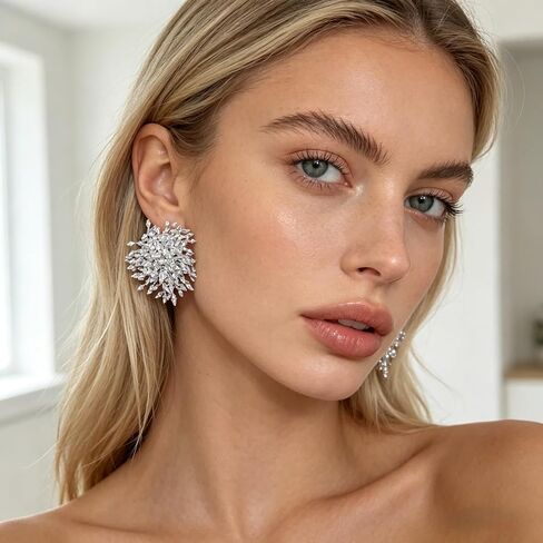 Crystal Statement Earrings, Silver, Marquise Cut Rhinestone Cluster, Starburst Design, Oversized Stud in Saudi Arabia
