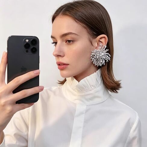 Crystal Statement Earrings, Silver, Marquise Cut Rhinestone Cluster, Starburst Design, Oversized Stud in Saudi Arabia