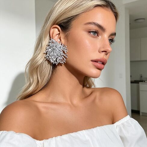 Crystal Statement Earrings, Silver, Marquise Cut Rhinestone Cluster, Starburst Design, Oversized Stud in Saudi Arabia