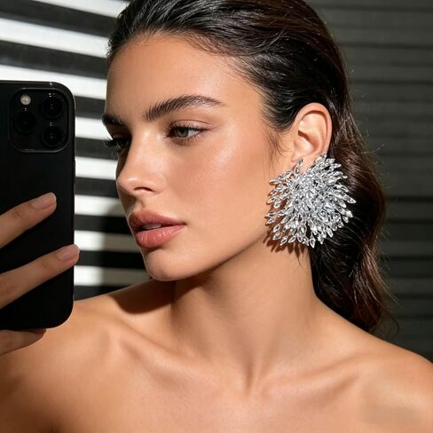 Crystal Statement Earrings, Silver, Marquise Cut Rhinestone Cluster, Starburst Design, Oversized Stud in Saudi Arabia