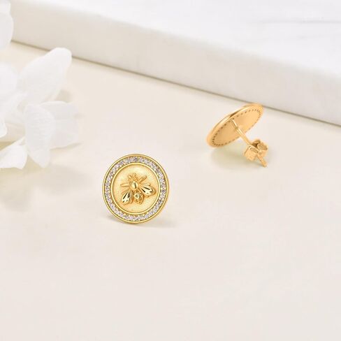 Hancock Gold Plated Bee Stud Earrings for Women Sterling Silver Cute Bumble Bee Animal Earrings Small Disc Circle Earrings Hypoallergenic Bee Jewelry Gifts in Saudi Arabia
