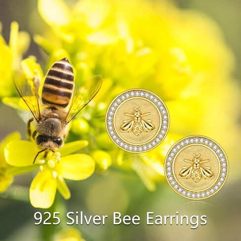 Hancock Gold Plated Bee Stud Earrings for Women Sterling Silver Cute Bumble Bee Animal Earrings Small Disc Circle Earrings Hypoallergenic Bee Jewelry Gifts in Saudi Arabia