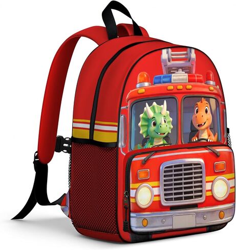 Cute Fire Truck Dinosaur Toddler Backpack for Boys, Red Cartoon Kids Toddler Preschool Backpacks, Lightweight Kindergarten School Bag, Daycare Small Bookbag Fire Truck Backpack 13" H for Ages 3–6 in Kuwait