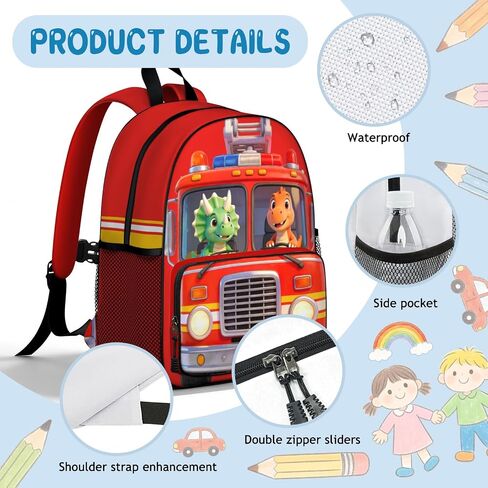 Cute Fire Truck Dinosaur Toddler Backpack for Boys, Red Cartoon Kids Toddler Preschool Backpacks, Lightweight Kindergarten School Bag, Daycare Small Bookbag Fire Truck Backpack 13" H for Ages 3–6 in Kuwait