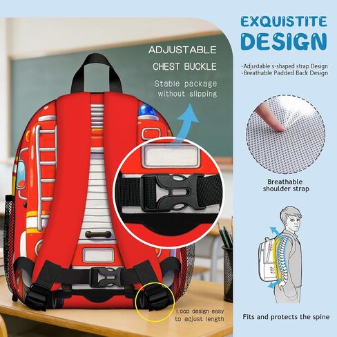 Cute Fire Truck Dinosaur Toddler Backpack for Boys, Red Cartoon Kids Toddler Preschool Backpacks, Lightweight Kindergarten School Bag, Daycare Small Bookbag Fire Truck Backpack 13" H for Ages 3–6 in Kuwait