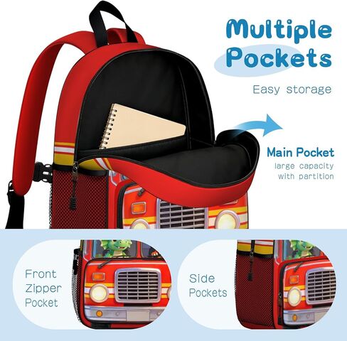 Cute Fire Truck Dinosaur Toddler Backpack for Boys, Red Cartoon Kids Toddler Preschool Backpacks, Lightweight Kindergarten School Bag, Daycare Small Bookbag Fire Truck Backpack 13" H for Ages 3–6 in Kuwait