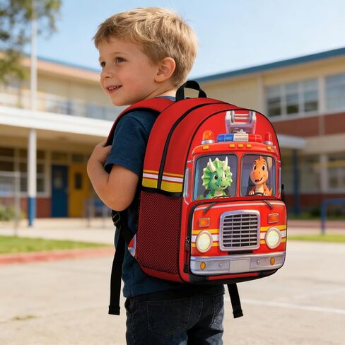 Cute Fire Truck Dinosaur Toddler Backpack for Boys, Red Cartoon Kids Toddler Preschool Backpacks, Lightweight Kindergarten School Bag, Daycare Small Bookbag Fire Truck Backpack 13" H for Ages 3–6 in Kuwait
