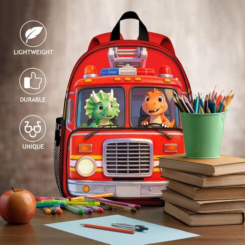 Cute Fire Truck Dinosaur Toddler Backpack for Boys, Red Cartoon Kids Toddler Preschool Backpacks, Lightweight Kindergarten School Bag, Daycare Small Bookbag Fire Truck Backpack 13" H for Ages 3–6 in Kuwait