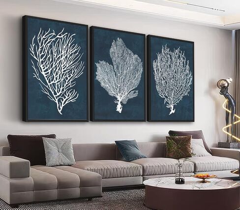 Large Framed Coral Wall Art - Navy Blue Coastal Wall Decor Painting 20"x28" Set of 3 Minimalist Beach Wall Art Prints Rustic Ocean Coral Canvas Pictures for Living Room Bedroom Office Artwork in Kuwait