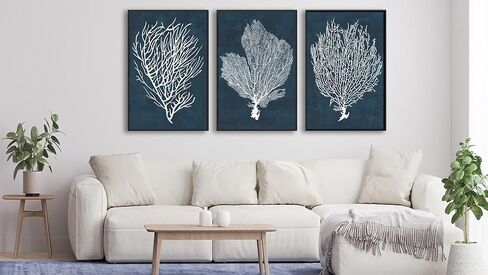 Large Framed Coral Wall Art - Navy Blue Coastal Wall Decor Painting 20"x28" Set of 3 Minimalist Beach Wall Art Prints Rustic Ocean Coral Canvas Pictures for Living Room Bedroom Office Artwork in Kuwait