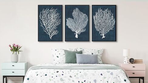 Large Framed Coral Wall Art - Navy Blue Coastal Wall Decor Painting 20"x28" Set of 3 Minimalist Beach Wall Art Prints Rustic Ocean Coral Canvas Pictures for Living Room Bedroom Office Artwork in Kuwait