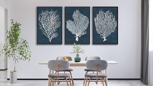 Large Framed Coral Wall Art - Navy Blue Coastal Wall Decor Painting 20"x28" Set of 3 Minimalist Beach Wall Art Prints Rustic Ocean Coral Canvas Pictures for Living Room Bedroom Office Artwork in Kuwait