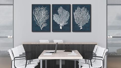 Large Framed Coral Wall Art - Navy Blue Coastal Wall Decor Painting 20"x28" Set of 3 Minimalist Beach Wall Art Prints Rustic Ocean Coral Canvas Pictures for Living Room Bedroom Office Artwork in Kuwait