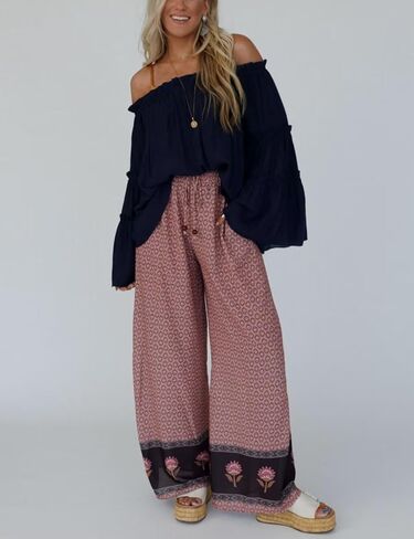 Antnation Womens Wide Leg Printed Pants with Stretch Drawstring Waist and Side Pockets Boho Lounge Casual Trousers in Kuwait