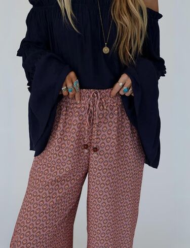 Antnation Womens Wide Leg Printed Pants with Stretch Drawstring Waist and Side Pockets Boho Lounge Casual Trousers in Kuwait