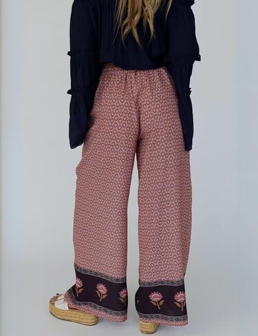 Antnation Womens Wide Leg Printed Pants with Stretch Drawstring Waist and Side Pockets Boho Lounge Casual Trousers in Kuwait