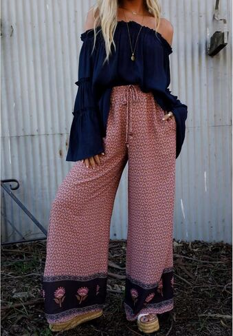 Antnation Womens Wide Leg Printed Pants with Stretch Drawstring Waist and Side Pockets Boho Lounge Casual Trousers in Kuwait
