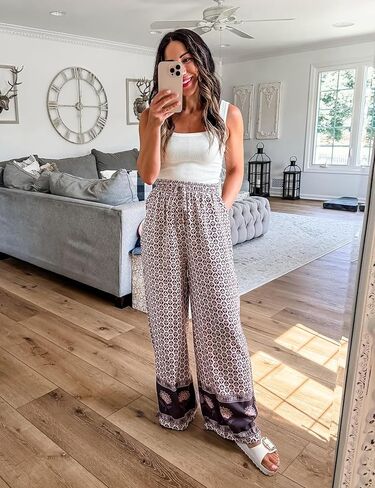 Antnation Womens Wide Leg Printed Pants with Stretch Drawstring Waist and Side Pockets Boho Lounge Casual Trousers in Kuwait