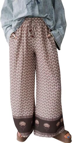 Antnation Womens Wide Leg Printed Pants with Stretch Drawstring Waist and Side Pockets Boho Lounge Casual Trousers in Saudi Arabia