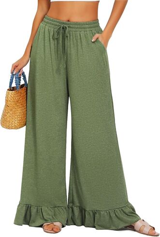HAWILAND Womens Ruffle Hem Wide Leg Pants Flowy Elastic High Waisted Drawstring Casual Palazzo Pants with Pockets in Saudi Arabia