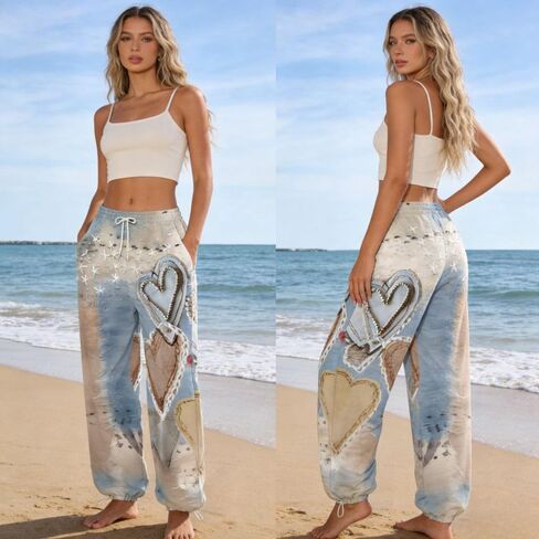 1 Pcs Women's Casual Wide Pants, Love Pattern Casual Beach Pants, Slacks Wide Leg Pant Trousers with Pocket in Kuwait