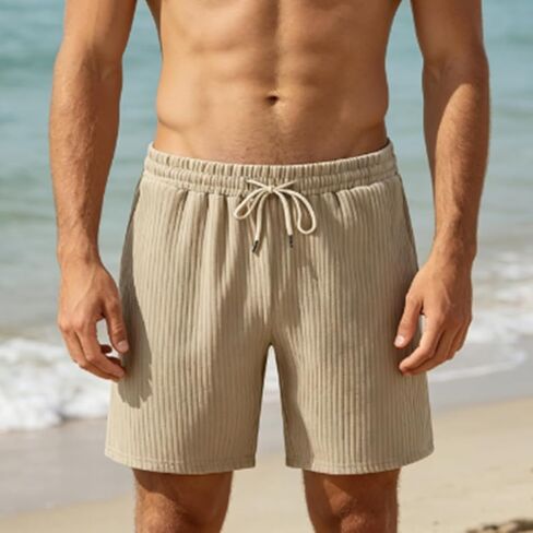 Corduroy Drawstring Elastic Waist Men’s Shorts Beach Sports Casual Lounge Pants Comfortable Stretch Relaxed Fit Breathable in Kuwait