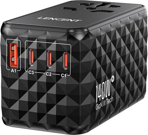 LENCENT 140W International Travel Adapter, GaN Universal Travel Adapter with 1 USB-A & 3 Type C Power Adapter, Fast Charger for Phone,Laptops, Worldwide Plug Adapter for USA/UK/EU/AUS, Black in Saudi Arabia