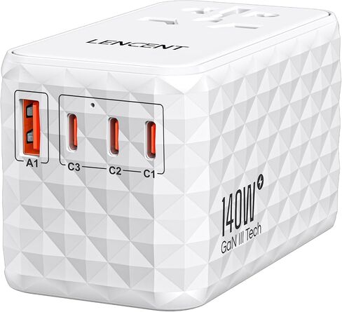 LENCENT 140W International Travel Adapter, GaN Universal Travel Adapter with 1 USB-A & 3 Type C Power Adapter, Fast Charger for Phone,Laptops, Worldwide Plug Adapter for USA/UK/EU/AUS, Black in Saudi Arabia